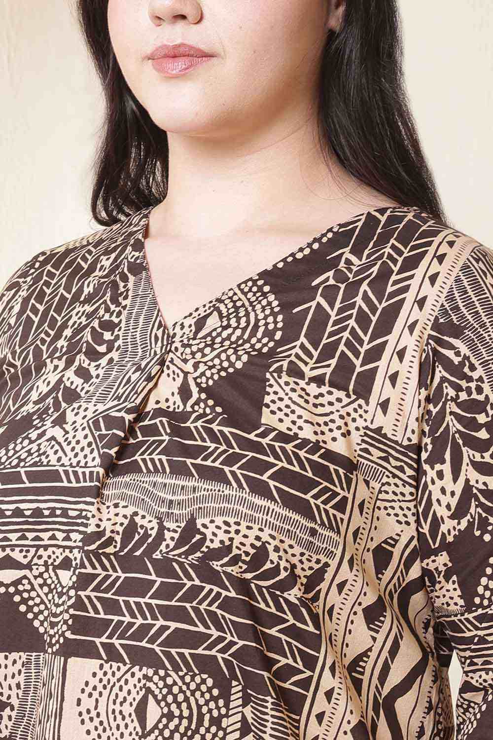 Plus Size Brown Black Printed V-Neck Cotton Top