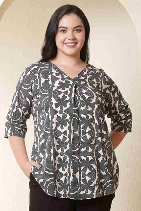 Plus Size Black & Beige Abstract Print V Neck Cotton Top