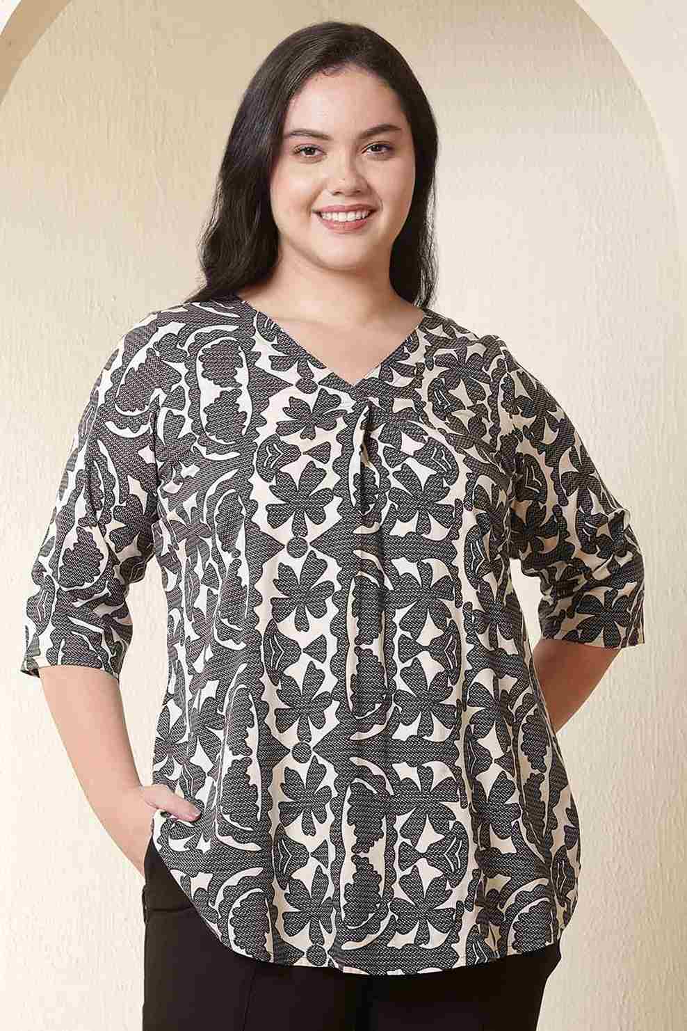 Plus Size Black & Beige Abstract Print V Neck Cotton Top for Women