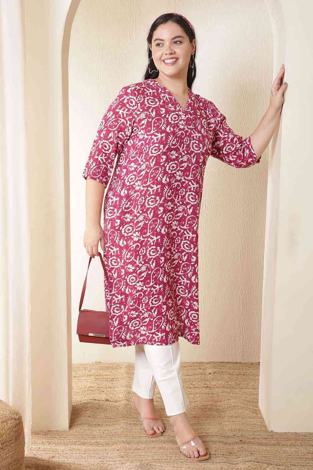 Plus Size Pink Batik Print Cotton V Neck Kurta