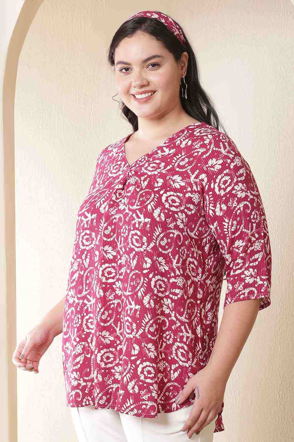 Plus Size Pink Batik Print V-Neck Cotton Top for Women