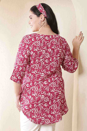 Plus Size Pink Batik Print V-Neck Cotton Top
