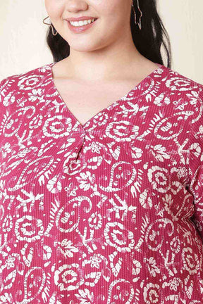 Plus Size Pink Batik Print V-Neck Cotton Top