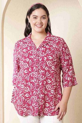 Plus Size Pink Batik Print Cuban Collar Cotton Shirt