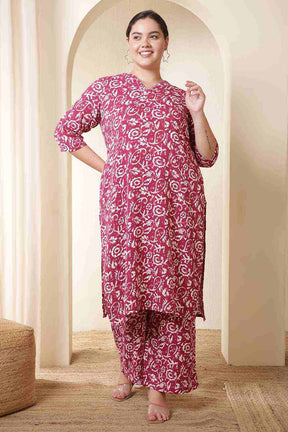 Plus Size Pink Batik Print Cotton Kurta Coord Set