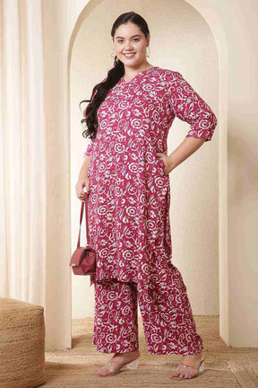 Plus Size Pink Batik Print Cotton Kurta Coord Set