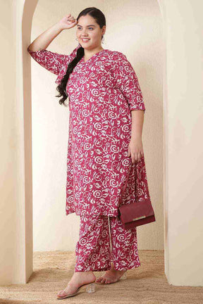 Plus Size Pink Batik Print Cotton Kurta Coord Set