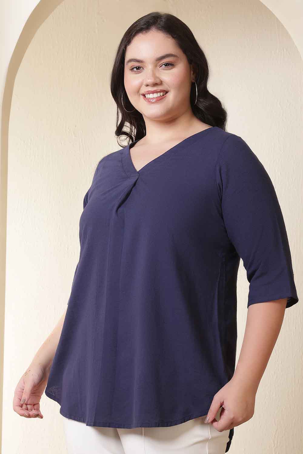Plus Size Dark Blue V Neck Cotton Top for Women