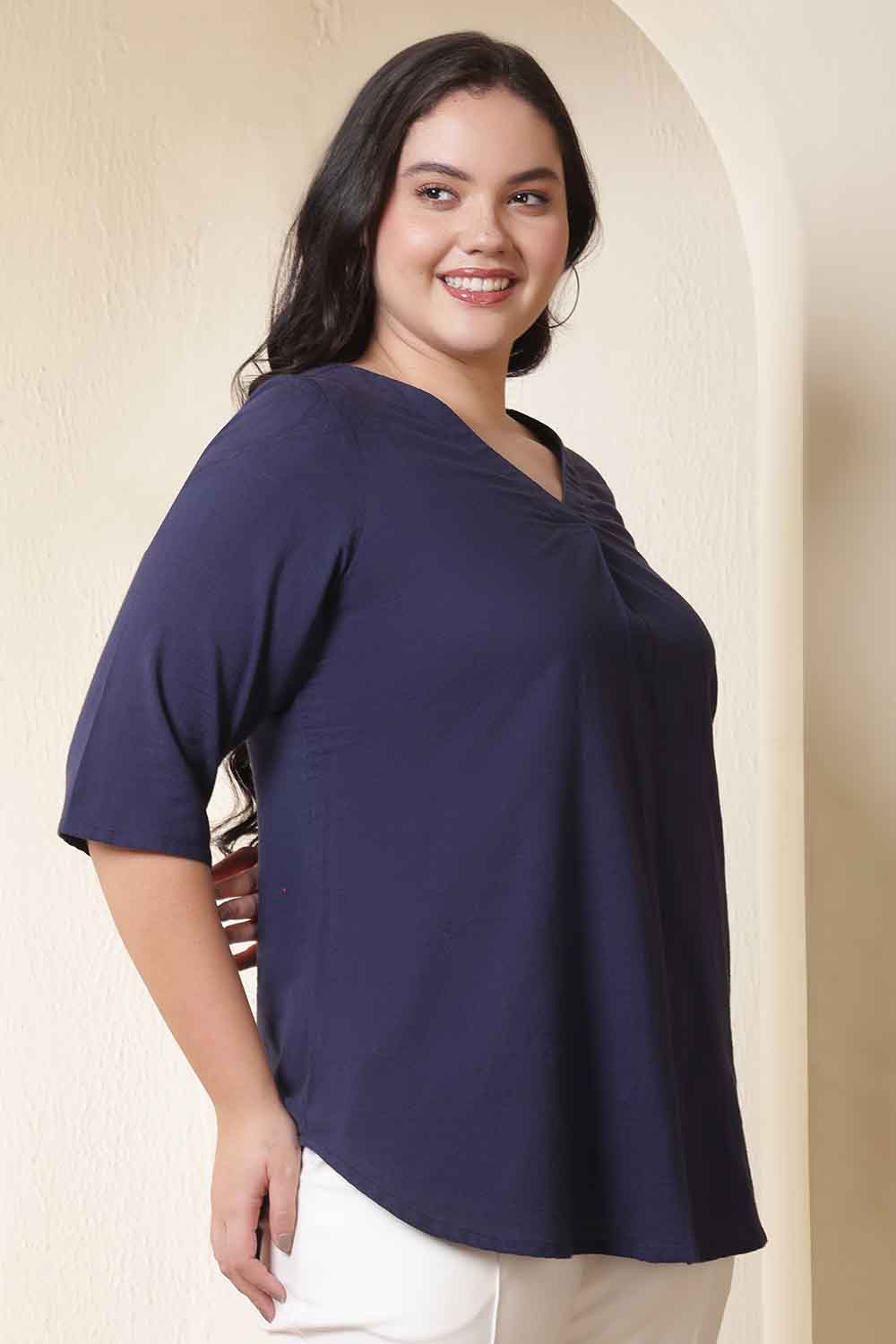 Comfortable Plus Size Dark Blue V Neck Cotton Top