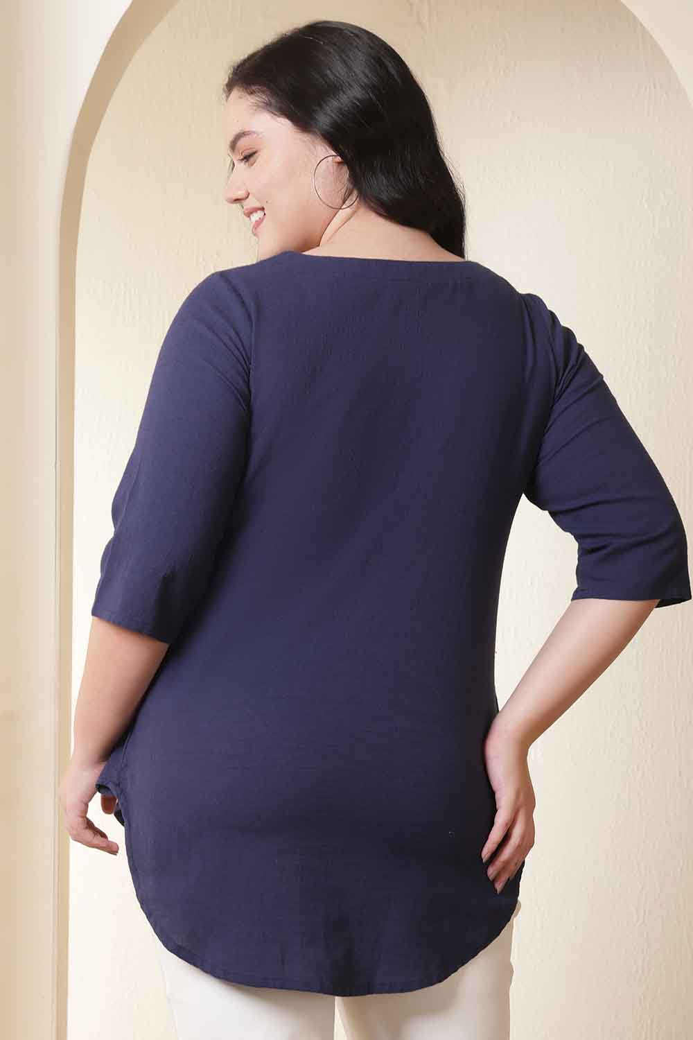 Plus Size Dark Blue V Neck Cotton Top