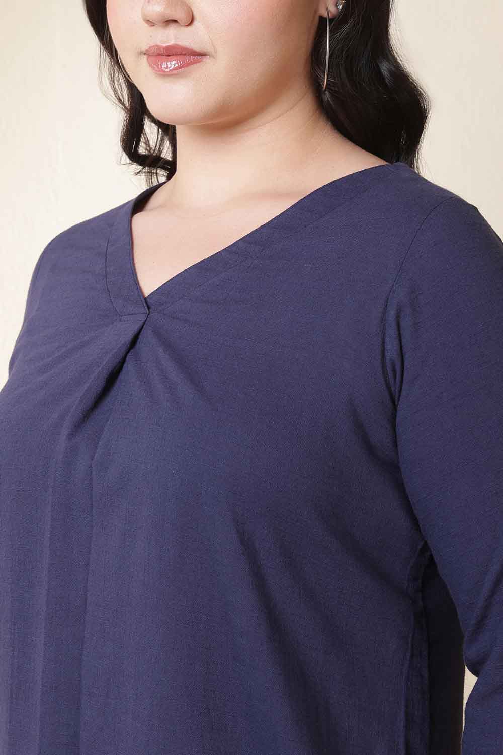 Plus Size Dark Blue V Neck Cotton Top