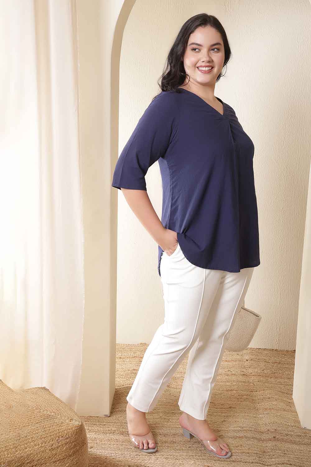 Plus Size Plus Size Dark Blue V Neck Cotton Top