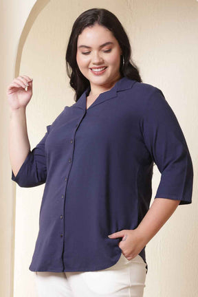 Plus Size Dark Blue Cuban Collar Cotton Shirt