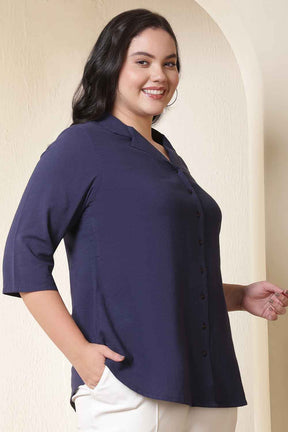 Plus Size Dark Blue Cuban Collar Cotton Shirt