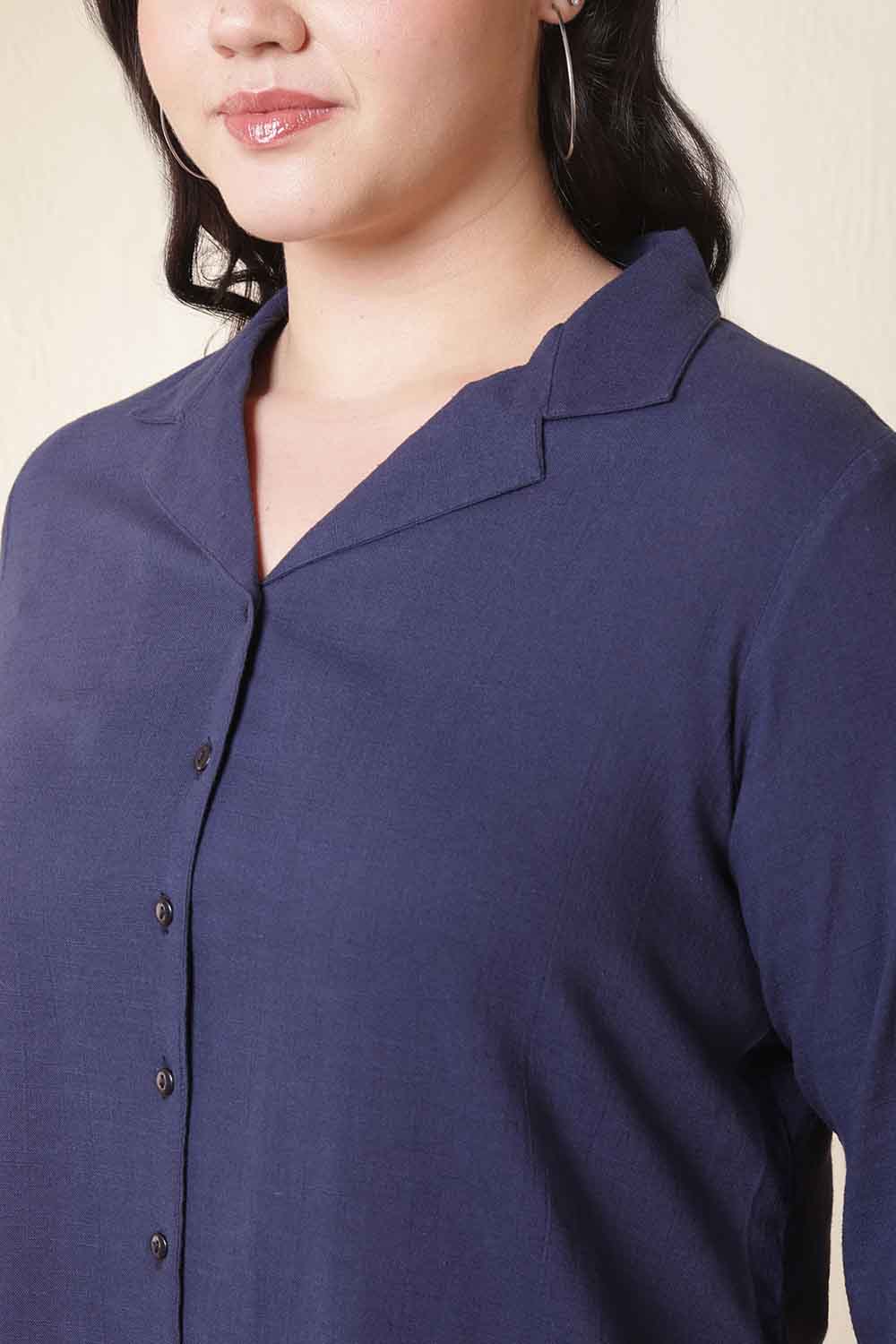 Plus Size Dark Blue Cuban Collar Cotton Shirt