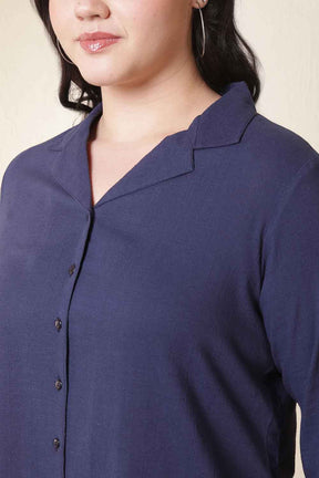 Plus Size Dark Blue Cuban Collar Cotton Shirt