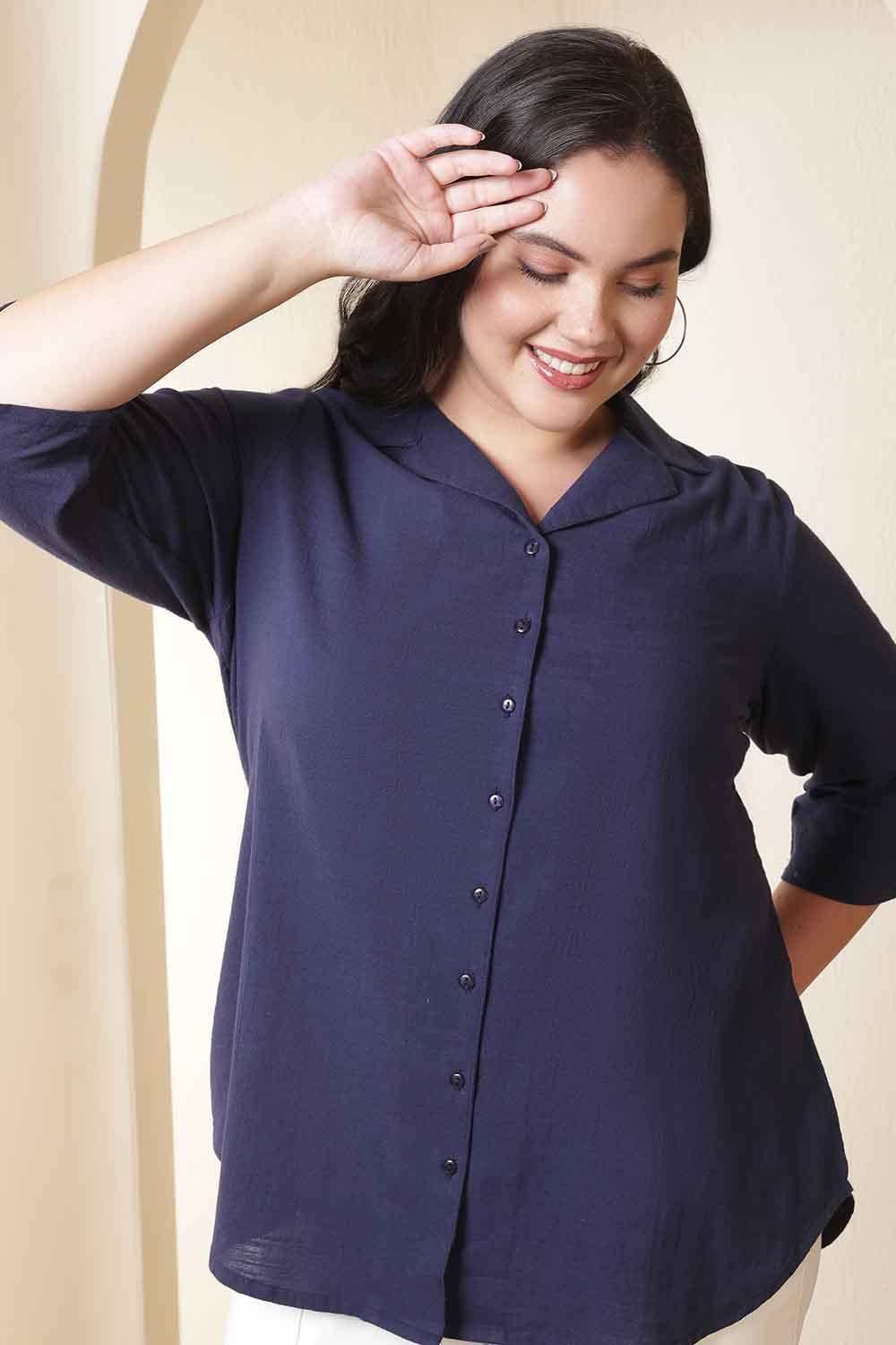 Plus Size Dark Blue Cuban Collar Cotton Shirt