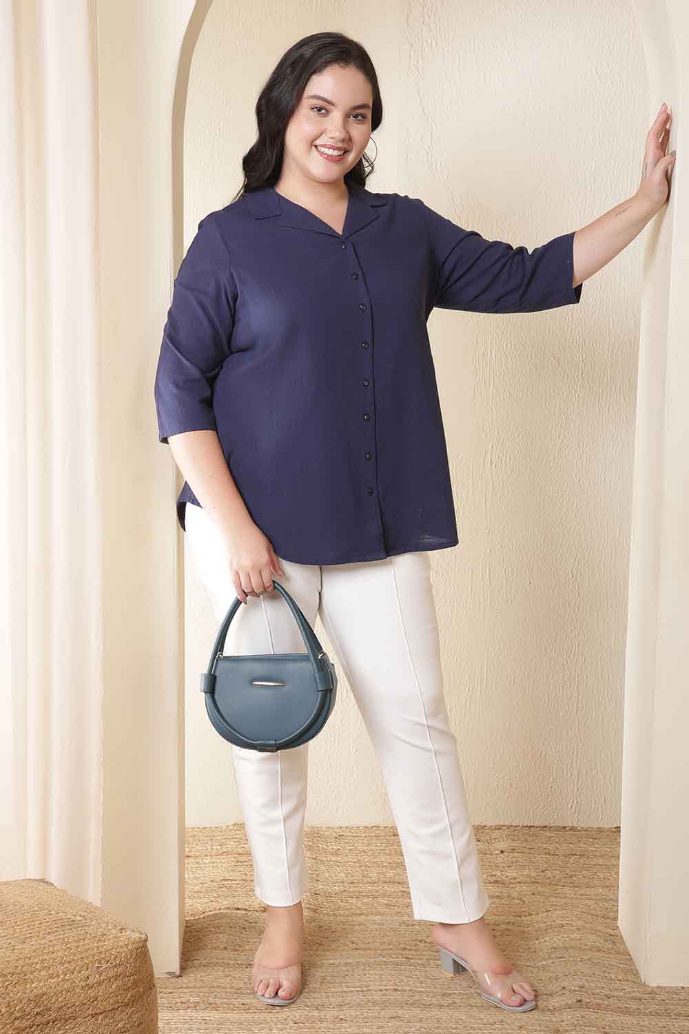 Plus Size Dark Blue Cuban Collar Cotton Shirt