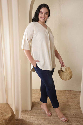 Plus Size Ivory V Neck Cotton Top