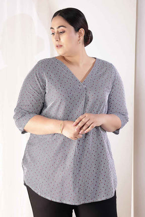 Plus Size Little Beatle Striped Cotton V-Neck Top