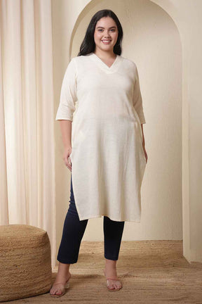 Plus Size Ivory V Neck Cotton Kurta