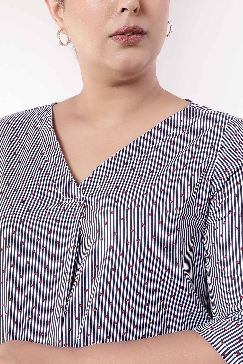 Plus Size Little Beatle Striped Cotton V-Neck Top for Women