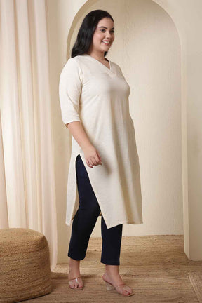 Plus Size Ivory V Neck Cotton Kurta