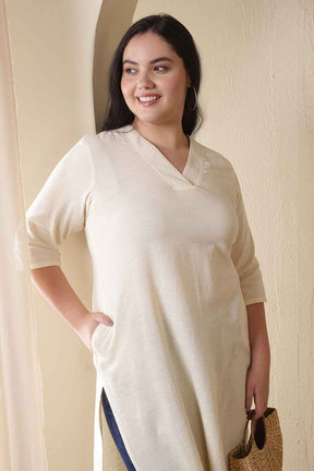 Plus Size Ivory V Neck Cotton Kurta