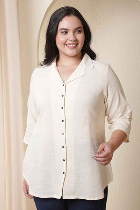 Plus Size Ivory Cuban Collar Cotton Shirt
