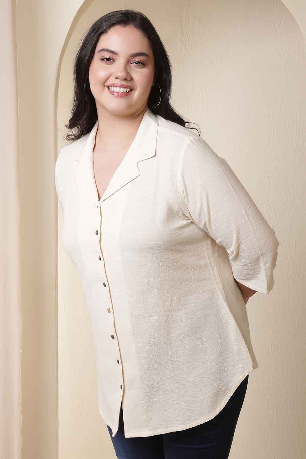 Plus Size Ivory Cuban Collar Cotton Shirt