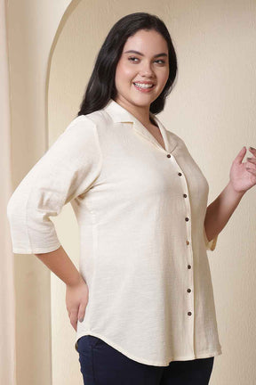 Plus Size Ivory Cuban Collar Cotton Shirt
