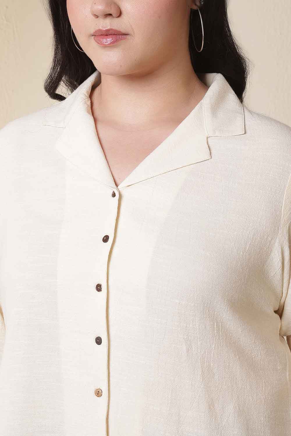Plus Size Ivory Cuban Collar Cotton Shirt