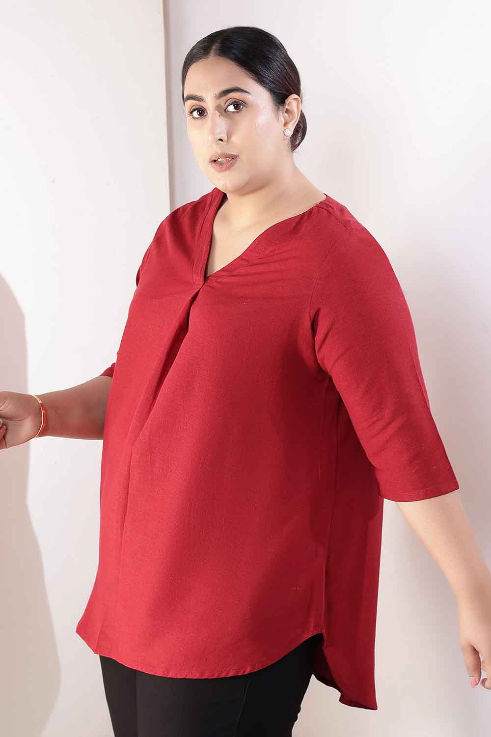 Plus Size Plus Size Maroon V-Neck Cotton Linen Top