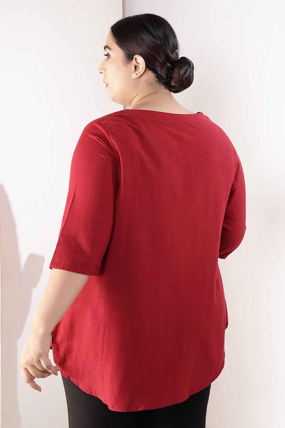 Comfortable Plus Size Maroon V-Neck Cotton Linen Top