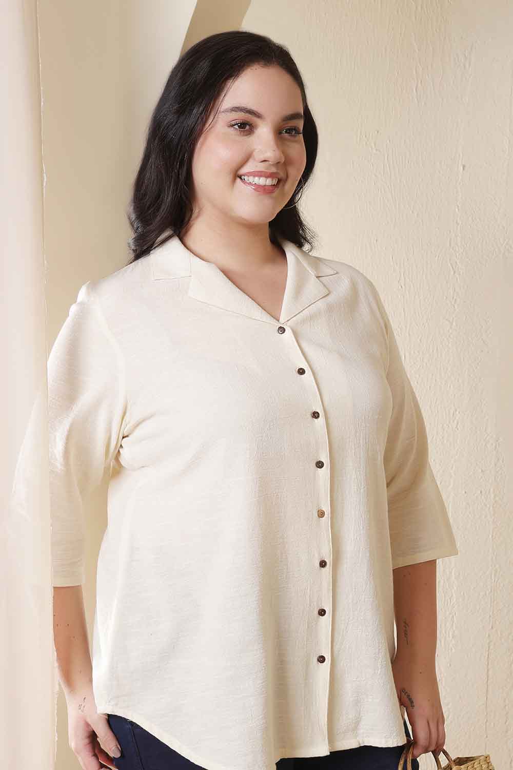 Plus Size Ivory Cuban Collar Cotton Shirt