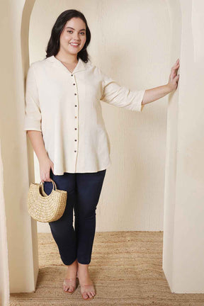 Plus Size Ivory Cuban Collar Cotton Shirt