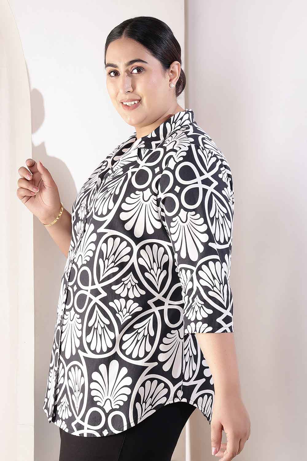 Plus Size Black & White Floral Print Cuban Collar Cotton Shirt for Women