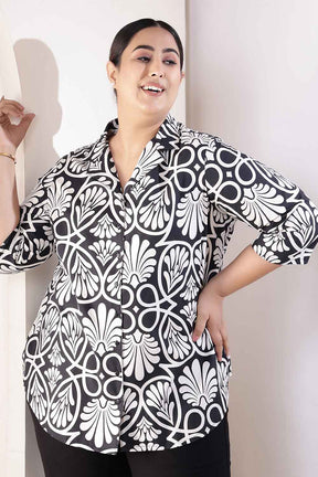 Plus Size Black & White Floral Print Cuban Collar Cotton Shirt