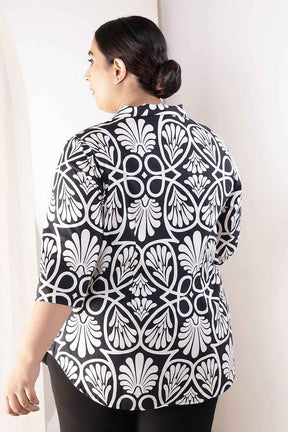 Plus Size Black & White Floral Print Cuban Collar Cotton Shirt