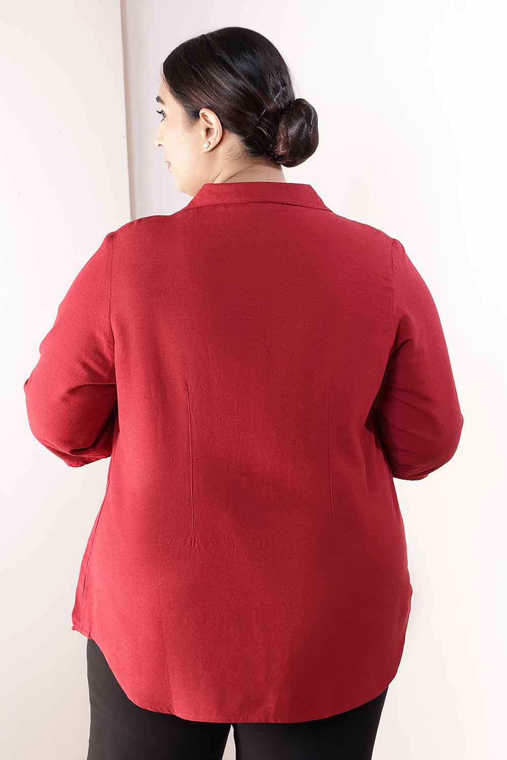 Plus Size Maroon Cotton Linen Cuban Collar Shirt