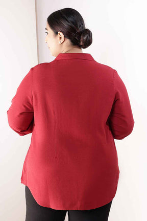 Plus Size Maroon Cotton Linen Cuban Collar Shirt