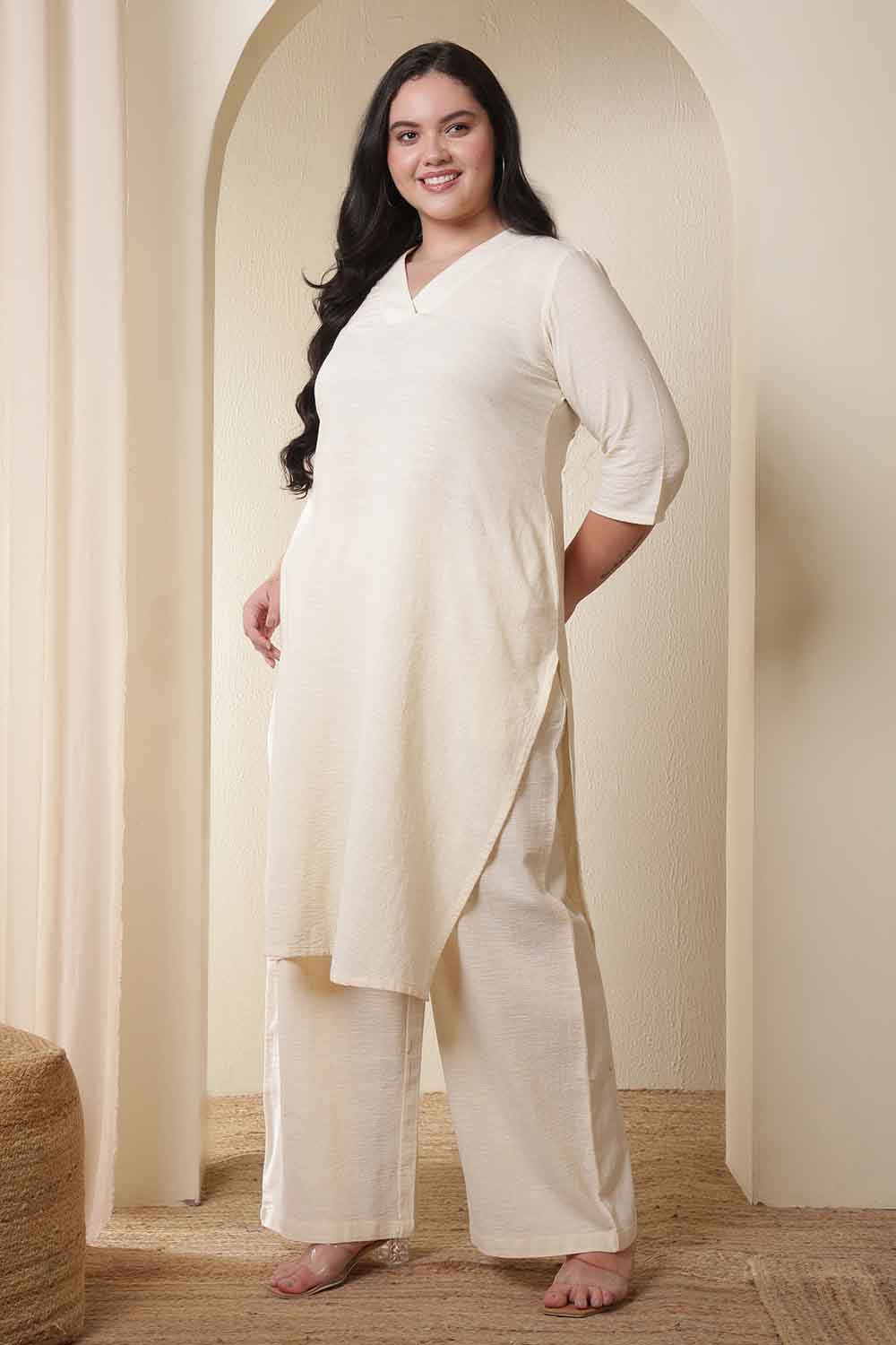 Plus Size Ivory Cotton Kurta Coord Set for Women