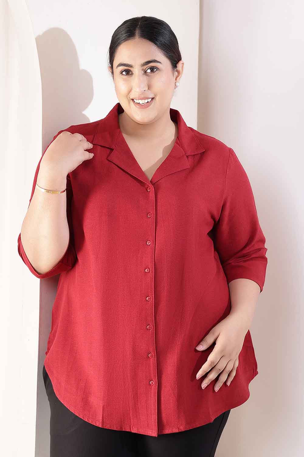 Plus Size Maroon Cotton Linen Cuban Collar Shirt