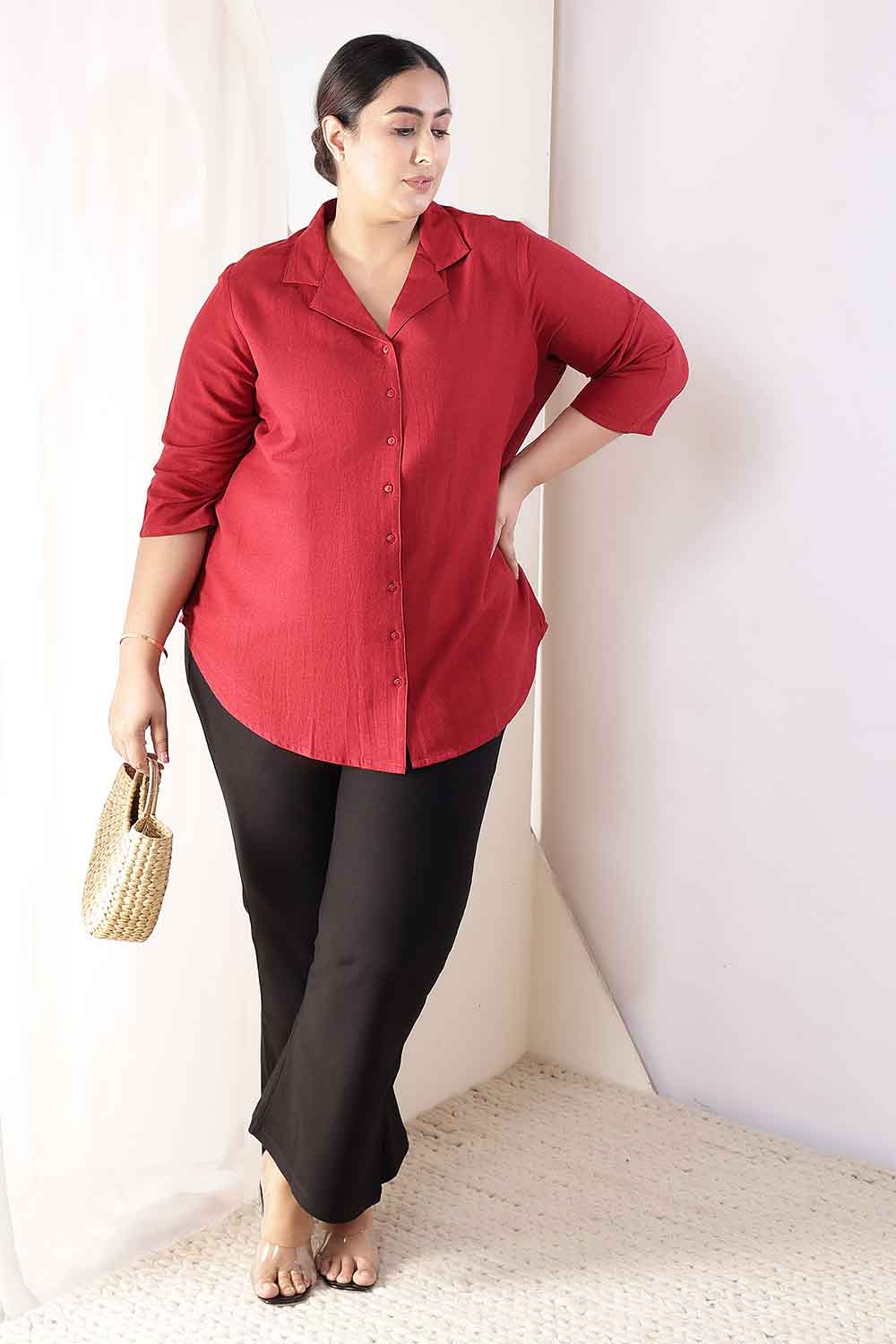 Plus Size Maroon Cotton Linen Cuban Collar Shirt