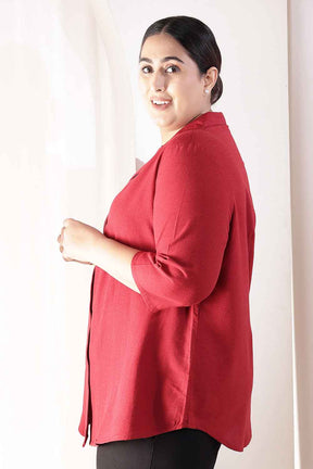 Plus Size Maroon Cotton Linen Cuban Collar Shirt