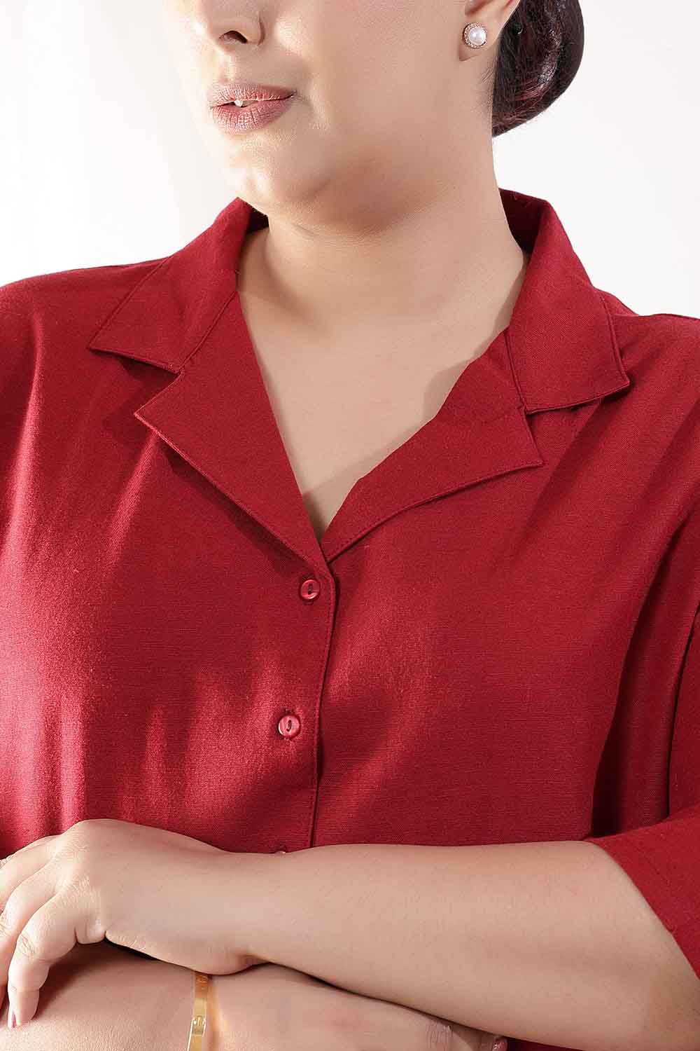 Comfortable Plus Size Maroon Cotton Linen Cuban Collar Shirt