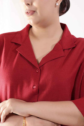 Plus Size Maroon Cotton Linen Cuban Collar Shirt