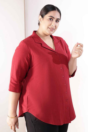 Plus Size Maroon Cotton Linen Cuban Collar Shirt