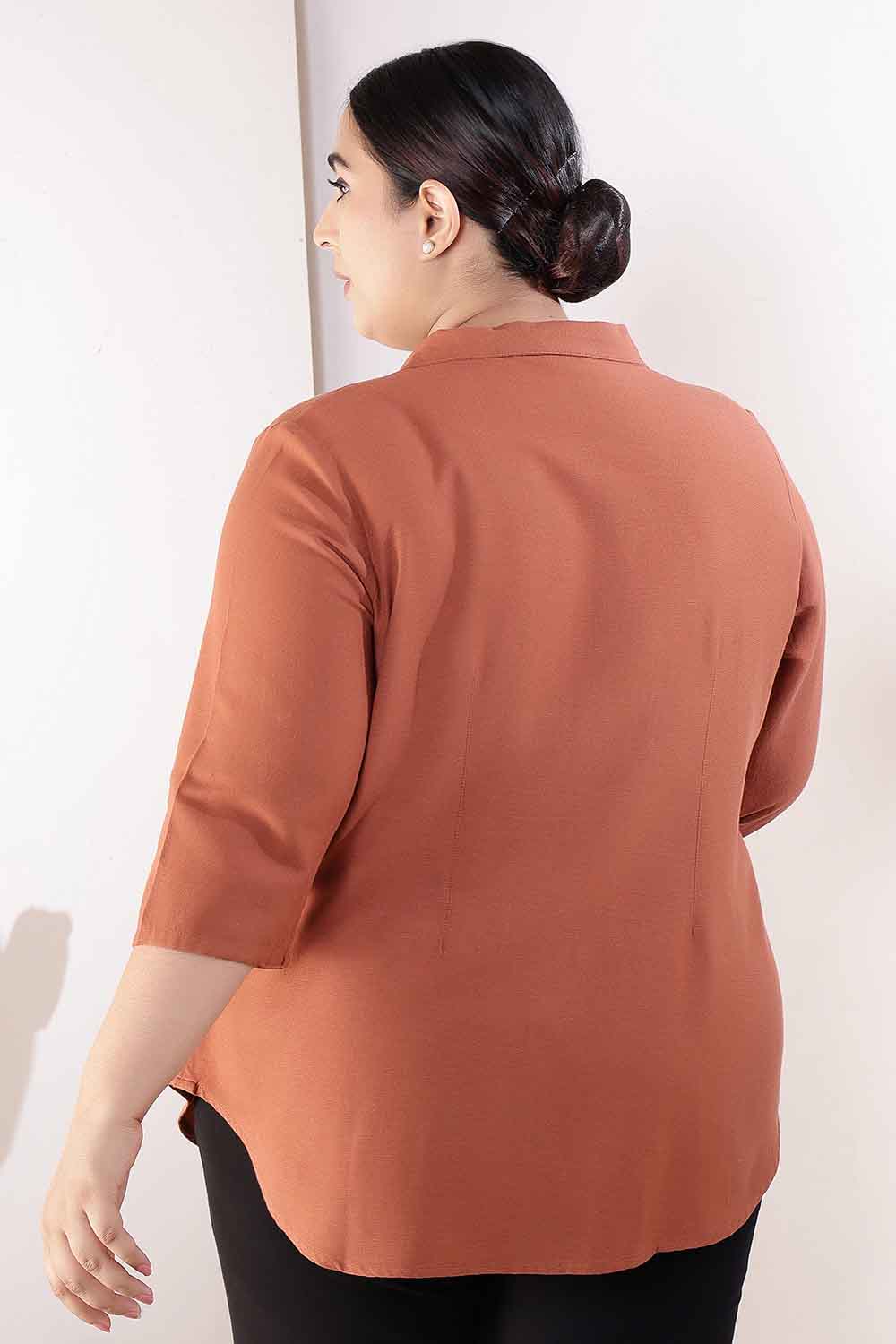 Comfortable Plus Size  Mocha Brown Cotton Linen Cuban Collar Shirt