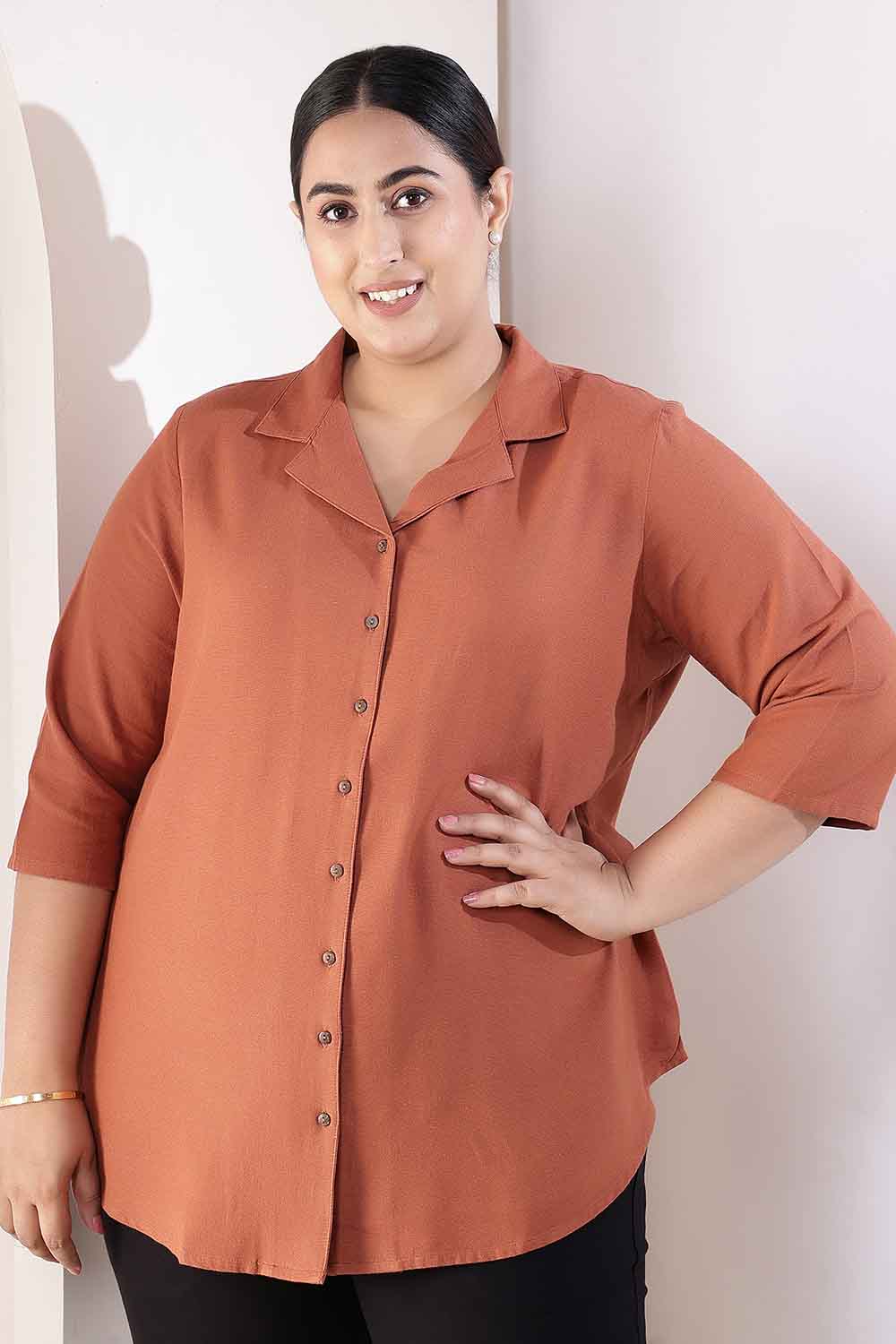 Plus Size Rust Brown Cotton Linen Cuban Collar Shirt